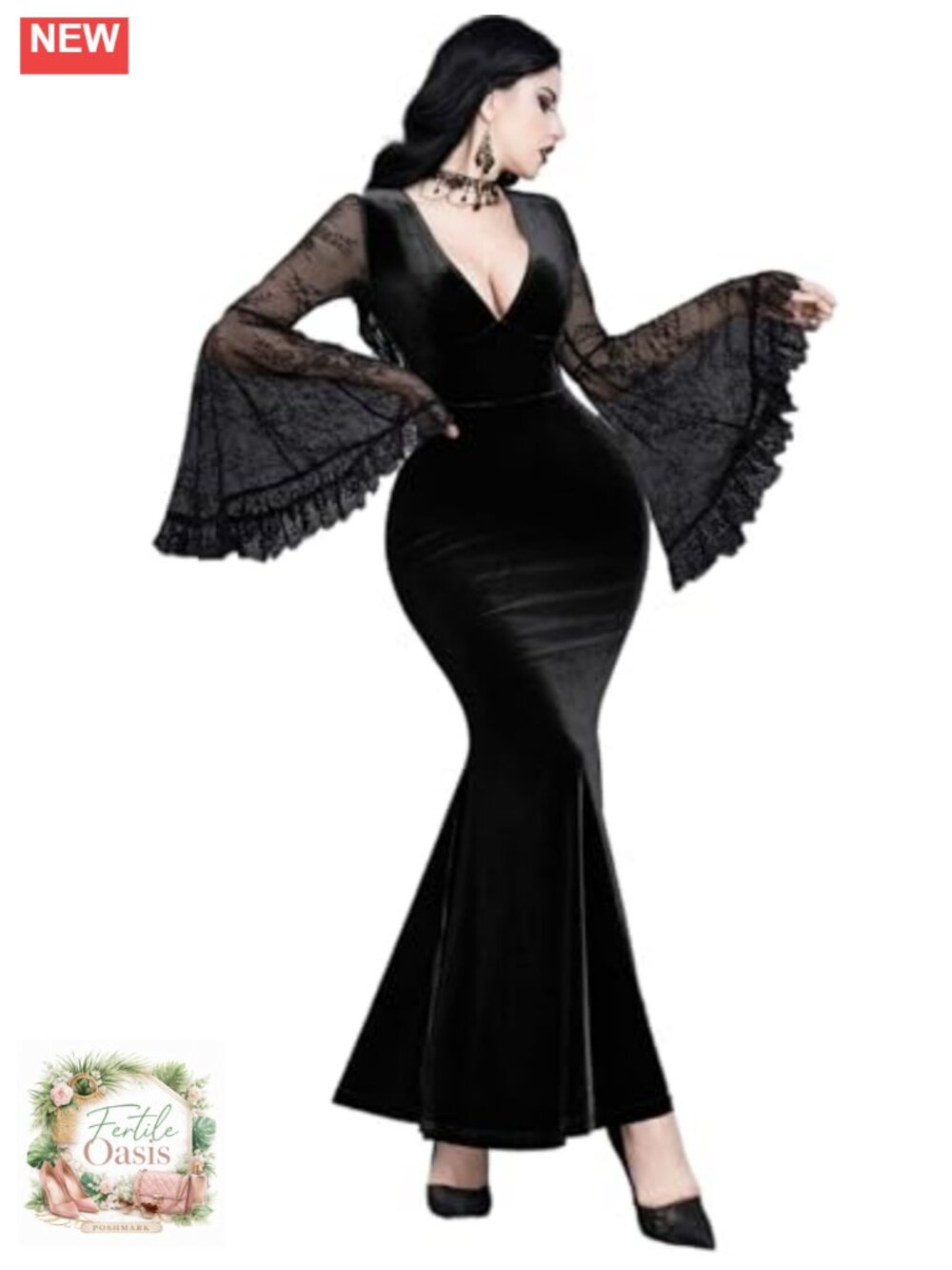 Women's Gothic V-Neck Lace Sleeve Black Dress